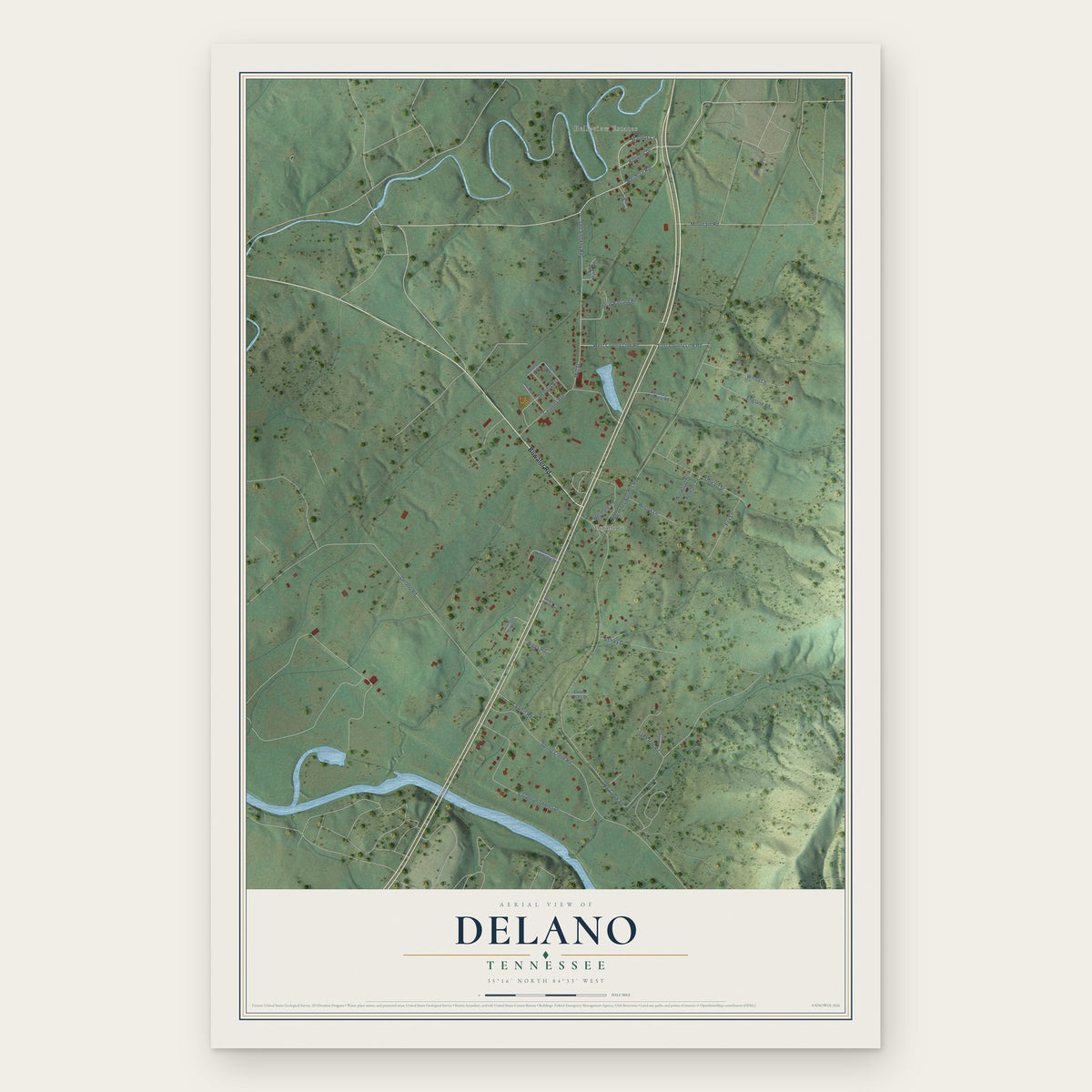 Delano, Tennessee map print, the full design
