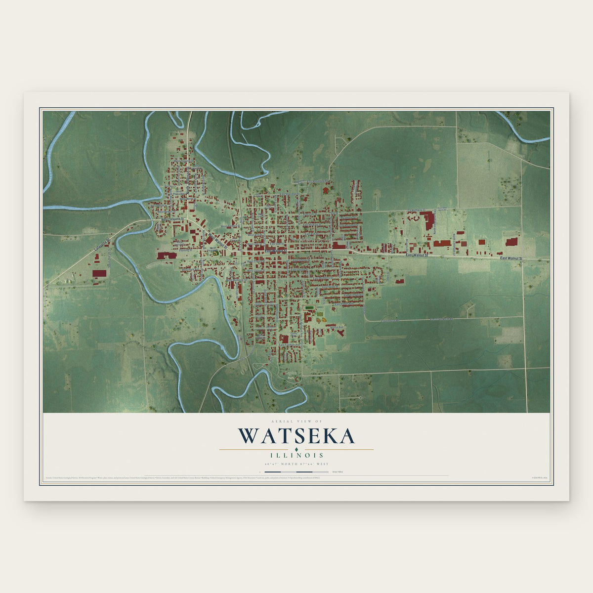 Watseka, Illinois map print, the full design