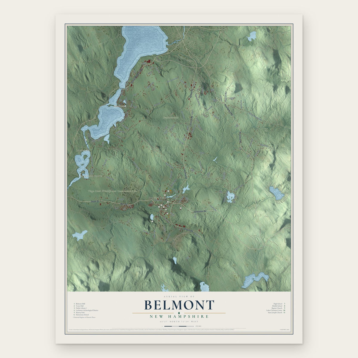 Belmont, New Hampshire map print, the full design