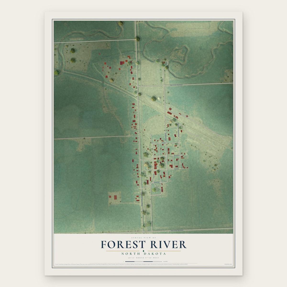 Forest River, North Dakota map print, the full design