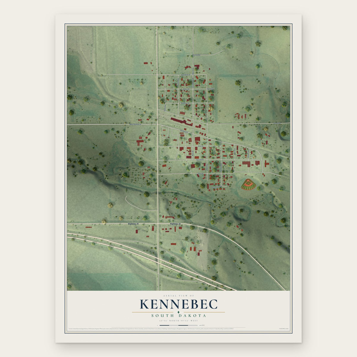 Kennebec, South Dakota map print, the full design