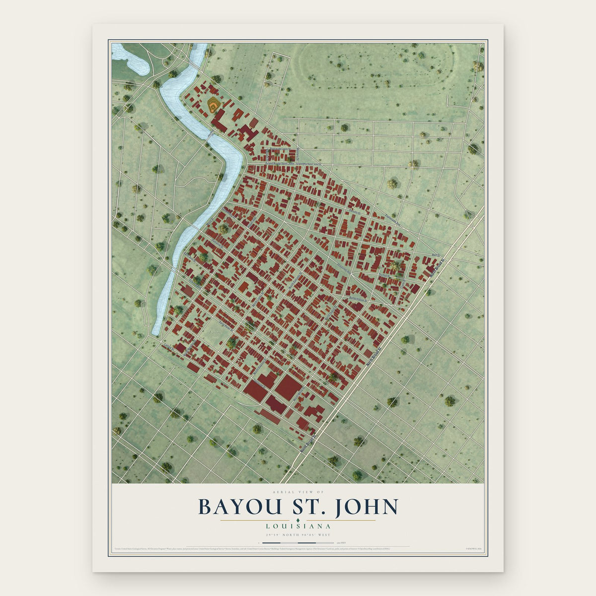 Bayou St. John, Louisiana map print, the full design