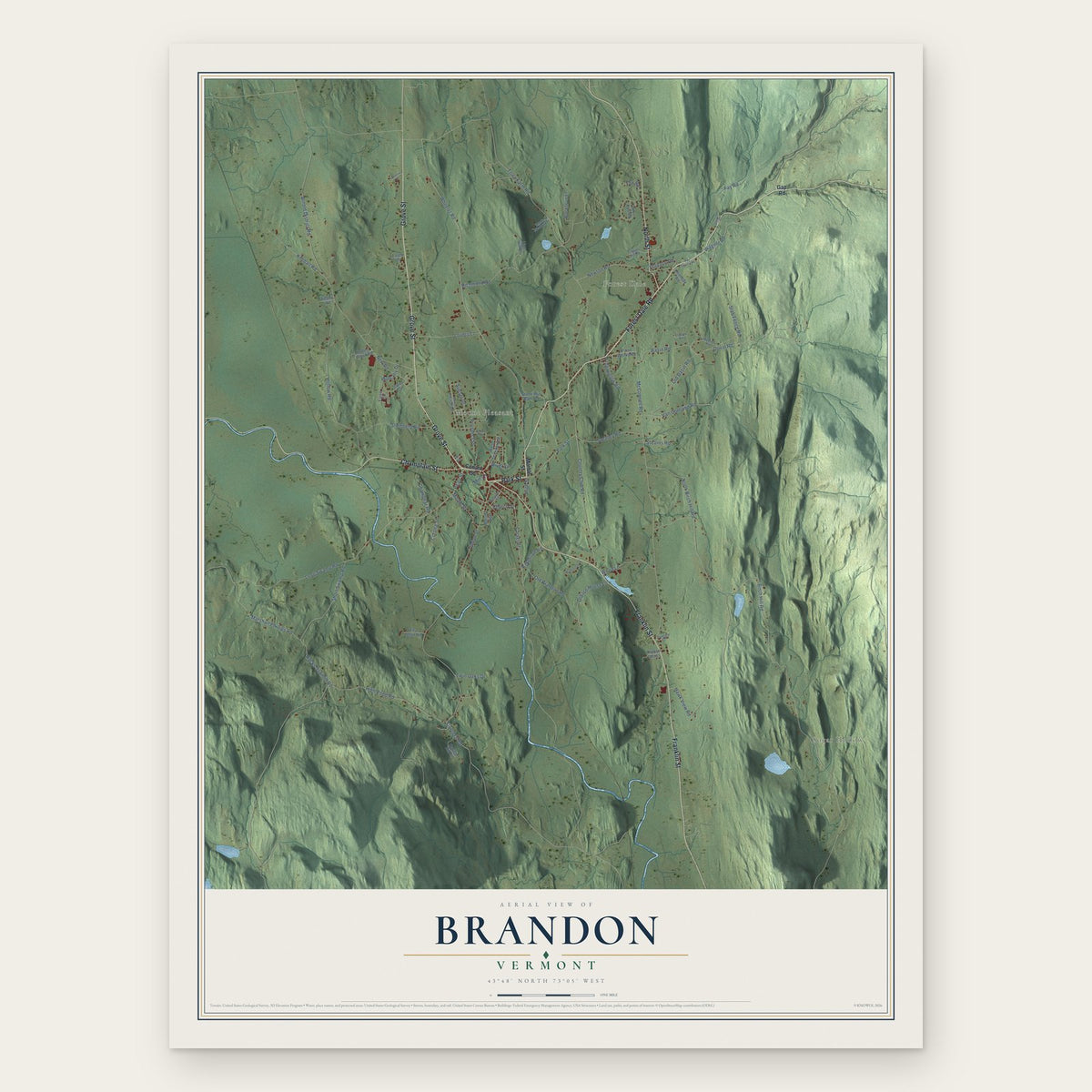 Brandon, Vermont map print, the full design