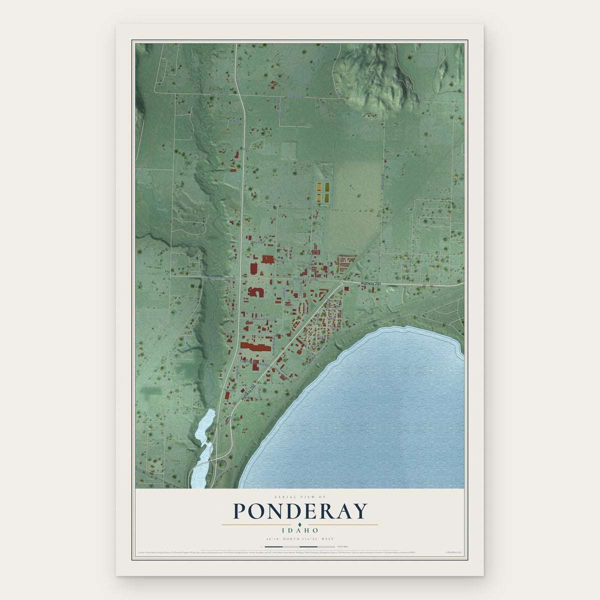 Ponderay, Idaho map print, the full design