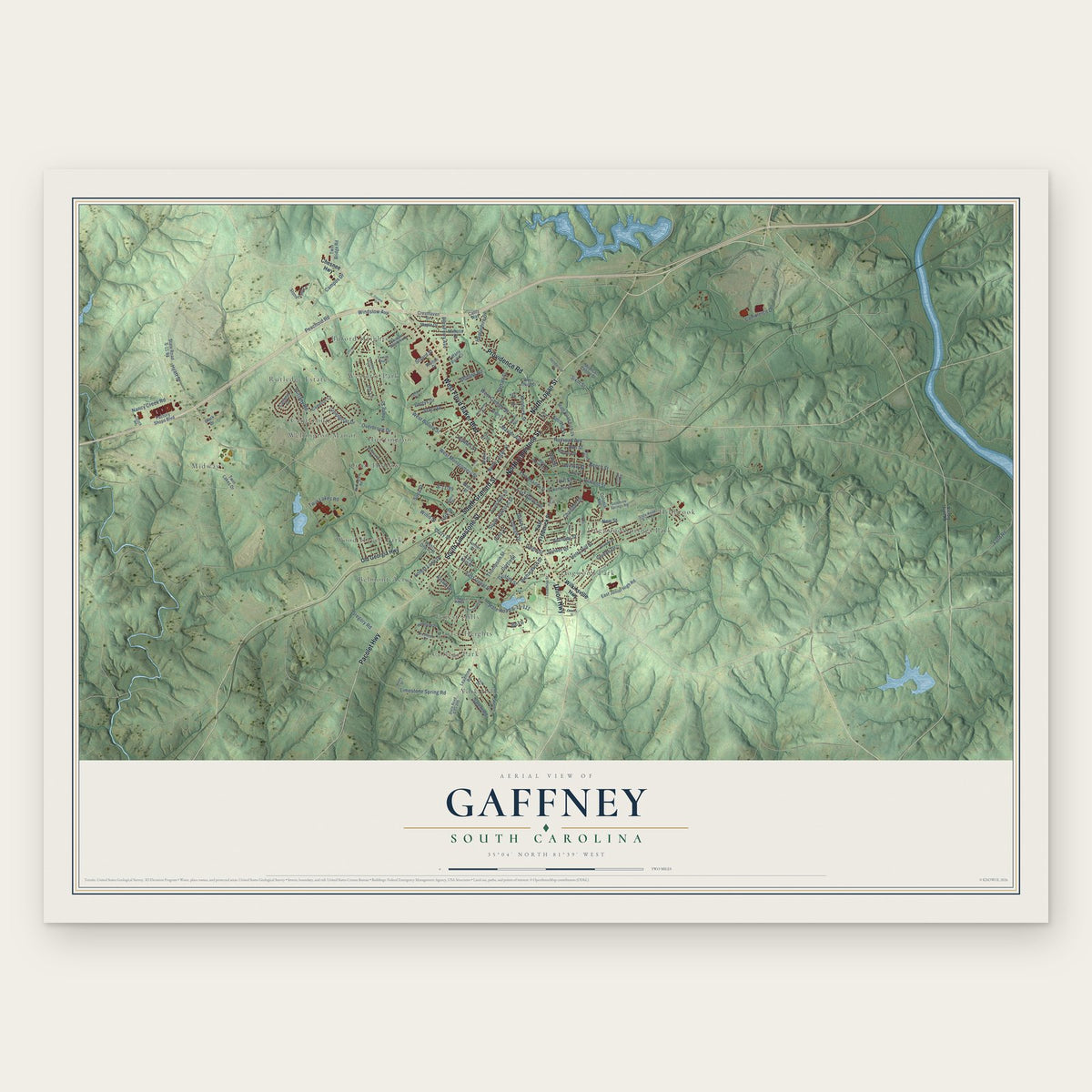 Gaffney, South Carolina map print, the full design