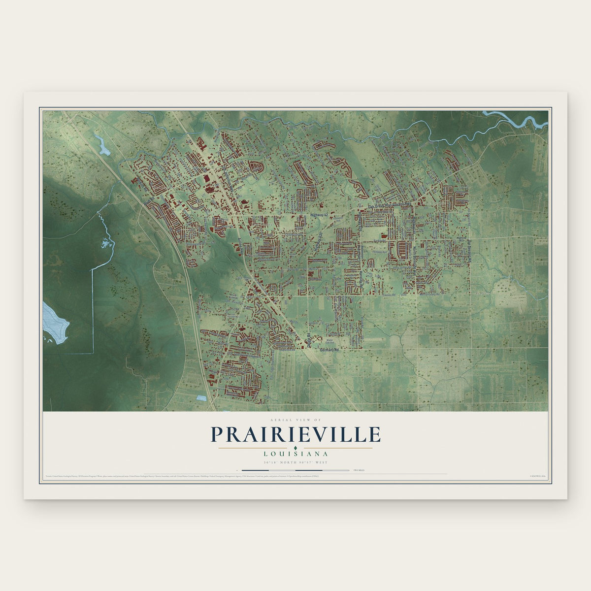 Prairieville, Louisiana map print, the full design