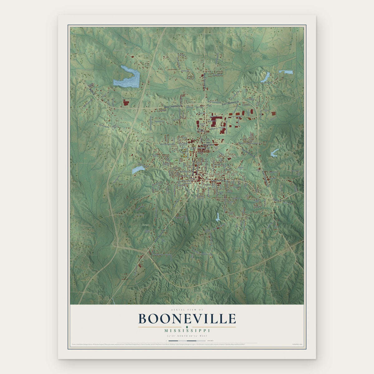 Booneville, Mississippi map print, the full design