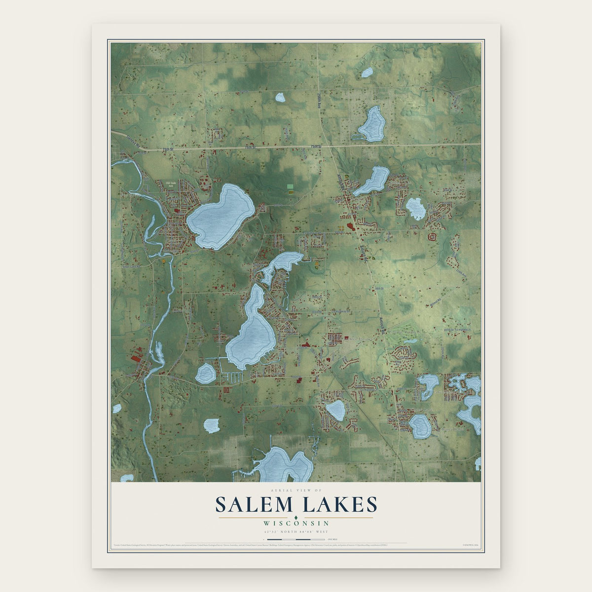 Salem Lakes, Wisconsin map print, the full design