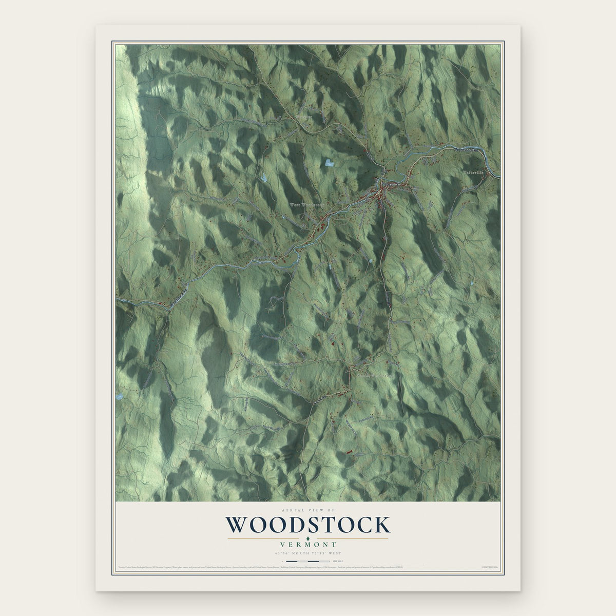 Woodstock, Vermont map print, the full design