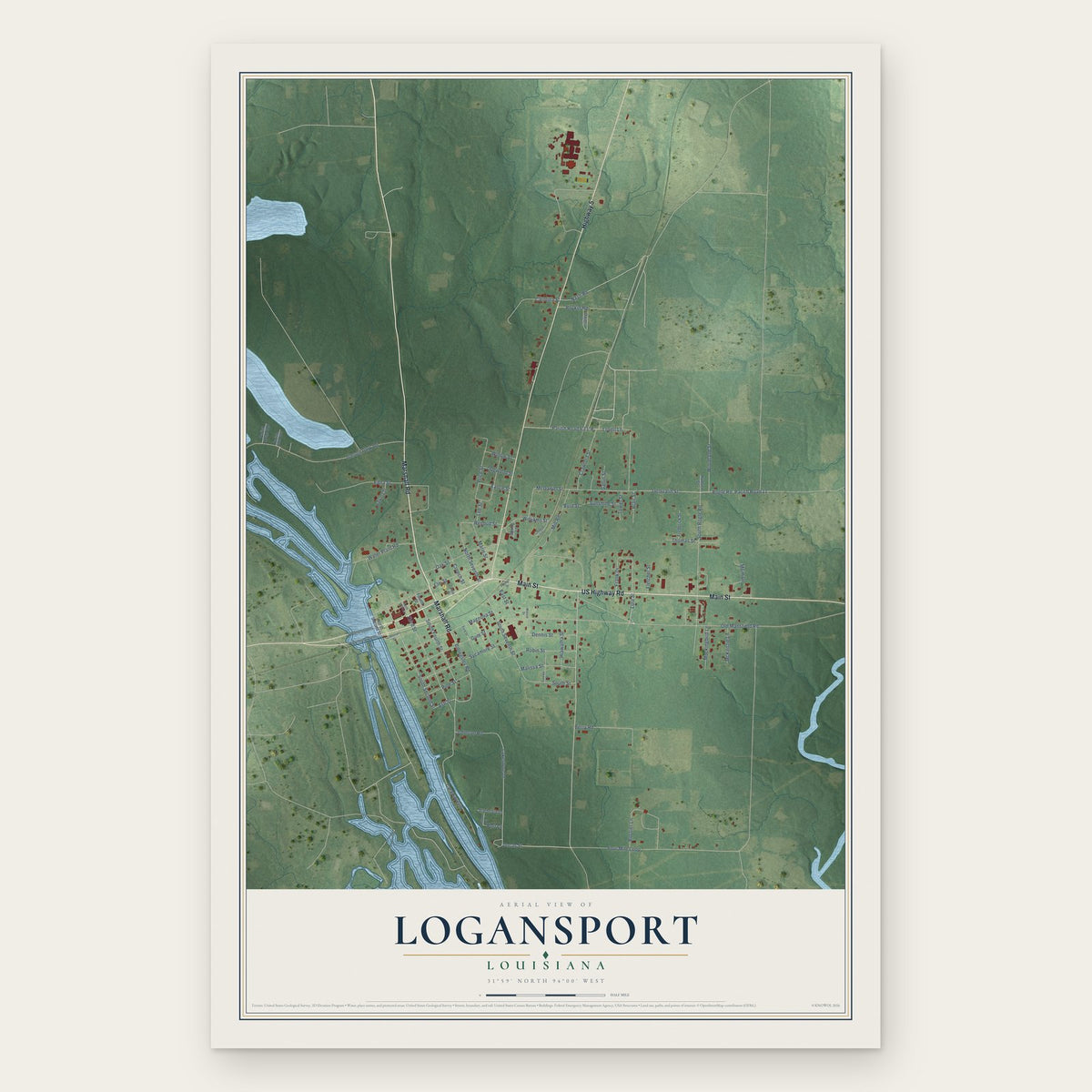 Logansport, Louisiana map print, the full design