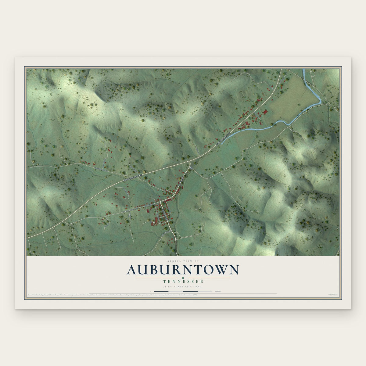 Auburntown, Tennessee map print, the full design
