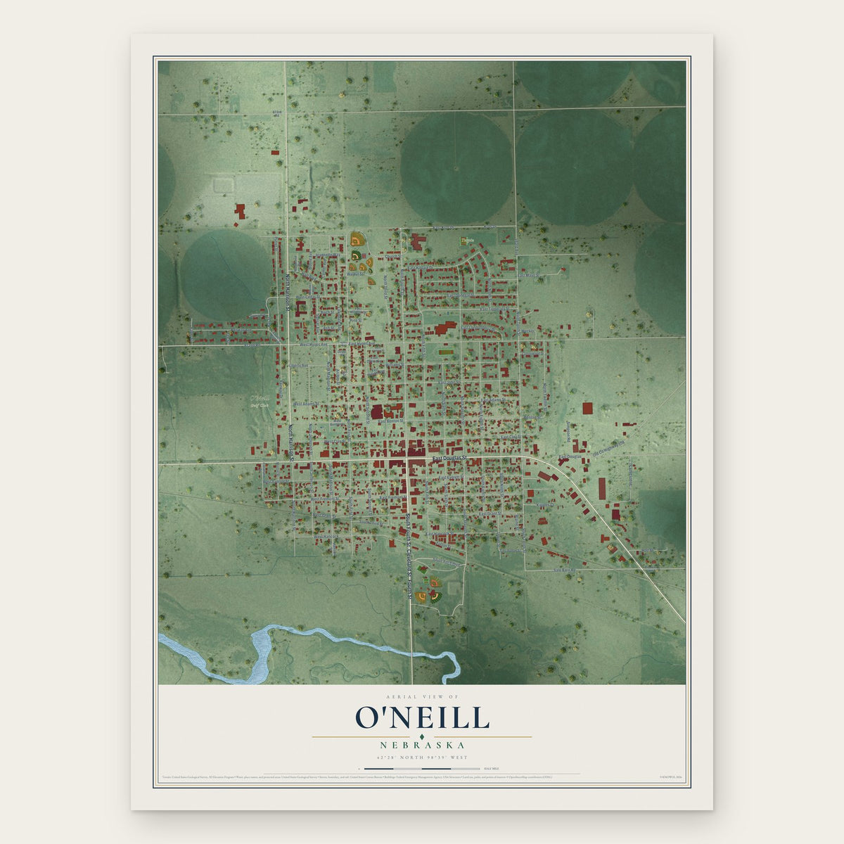 O'Neill, Nebraska map print, the full design