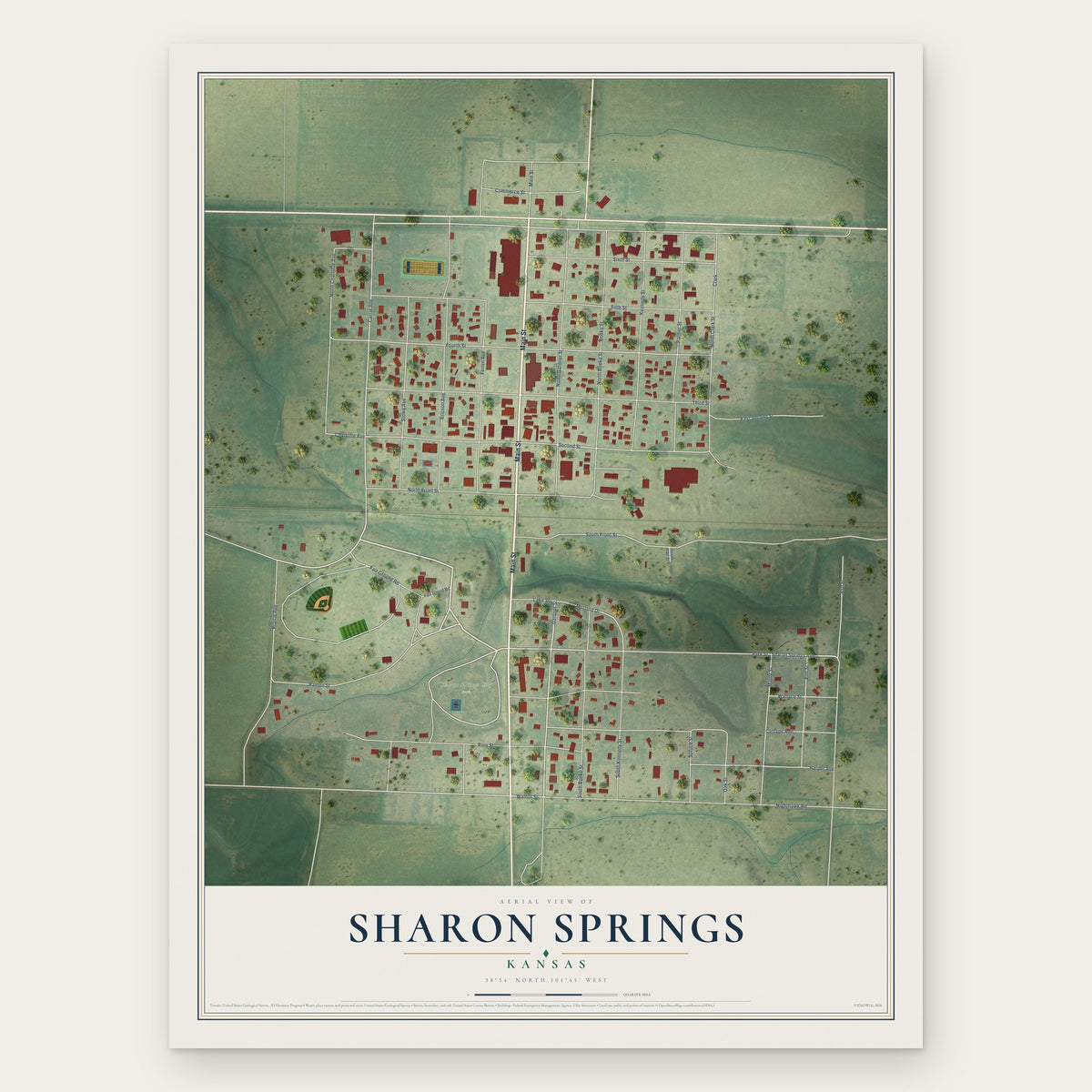 Sharon Springs, Kansas map print, the full design