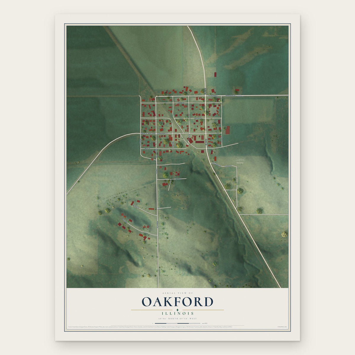 Oakford, Illinois map print, the full design