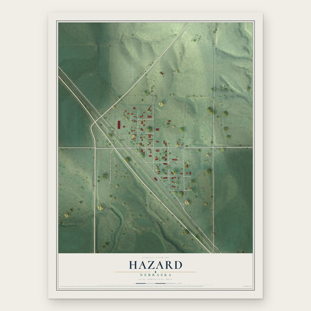 Hazard, Nebraska map print, the full design