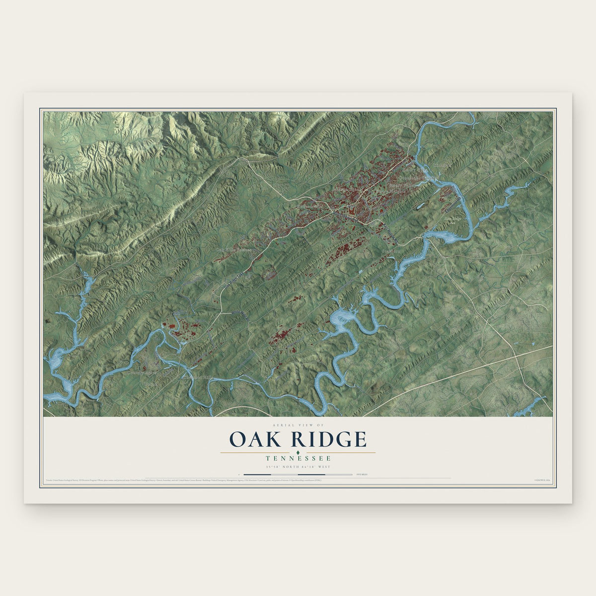Oak Ridge, Tennessee map print, the full design