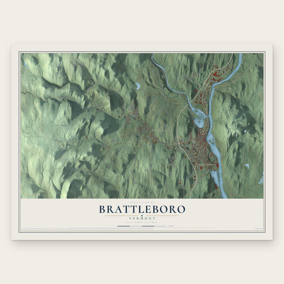 Brattleboro, Vermont map print, the full design