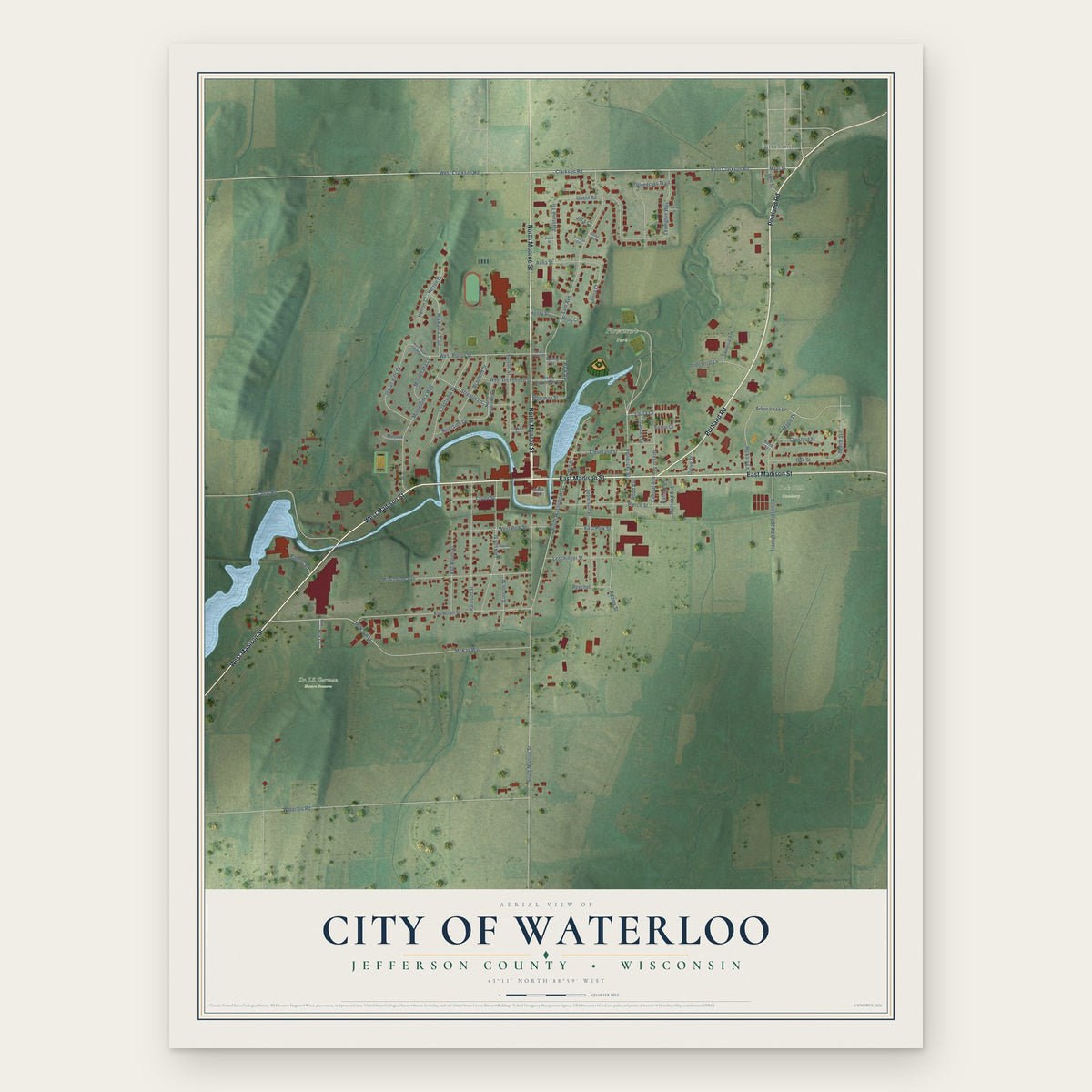 Waterloo, Wisconsin map print, the full design