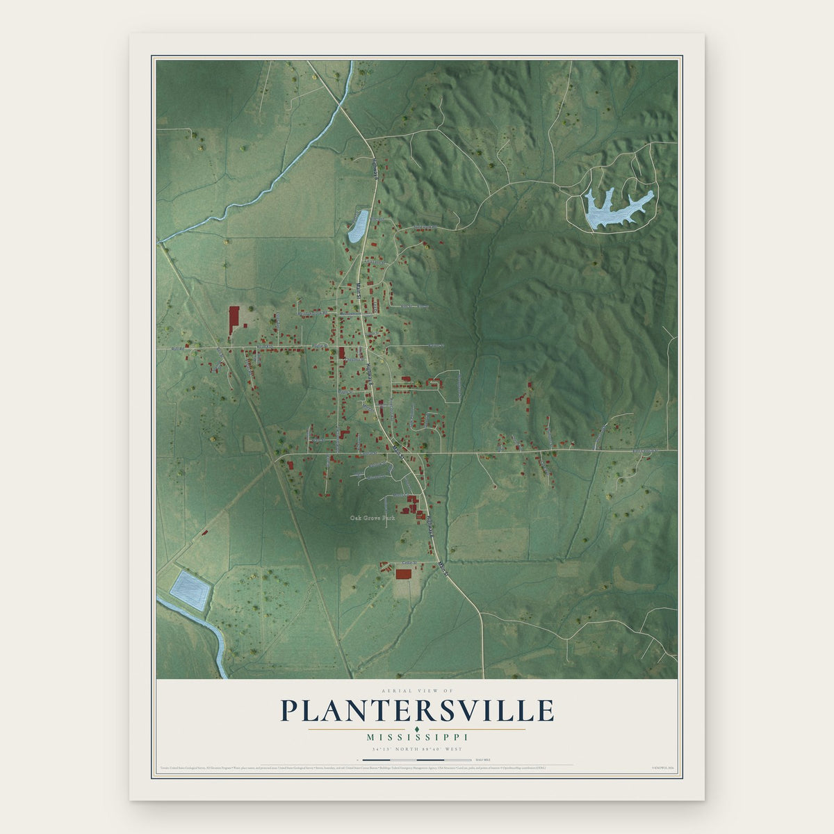 Plantersville, Mississippi map print, the full design