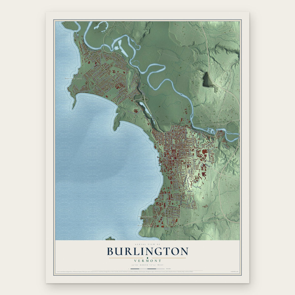 Burlington, Vermont map print, the full design