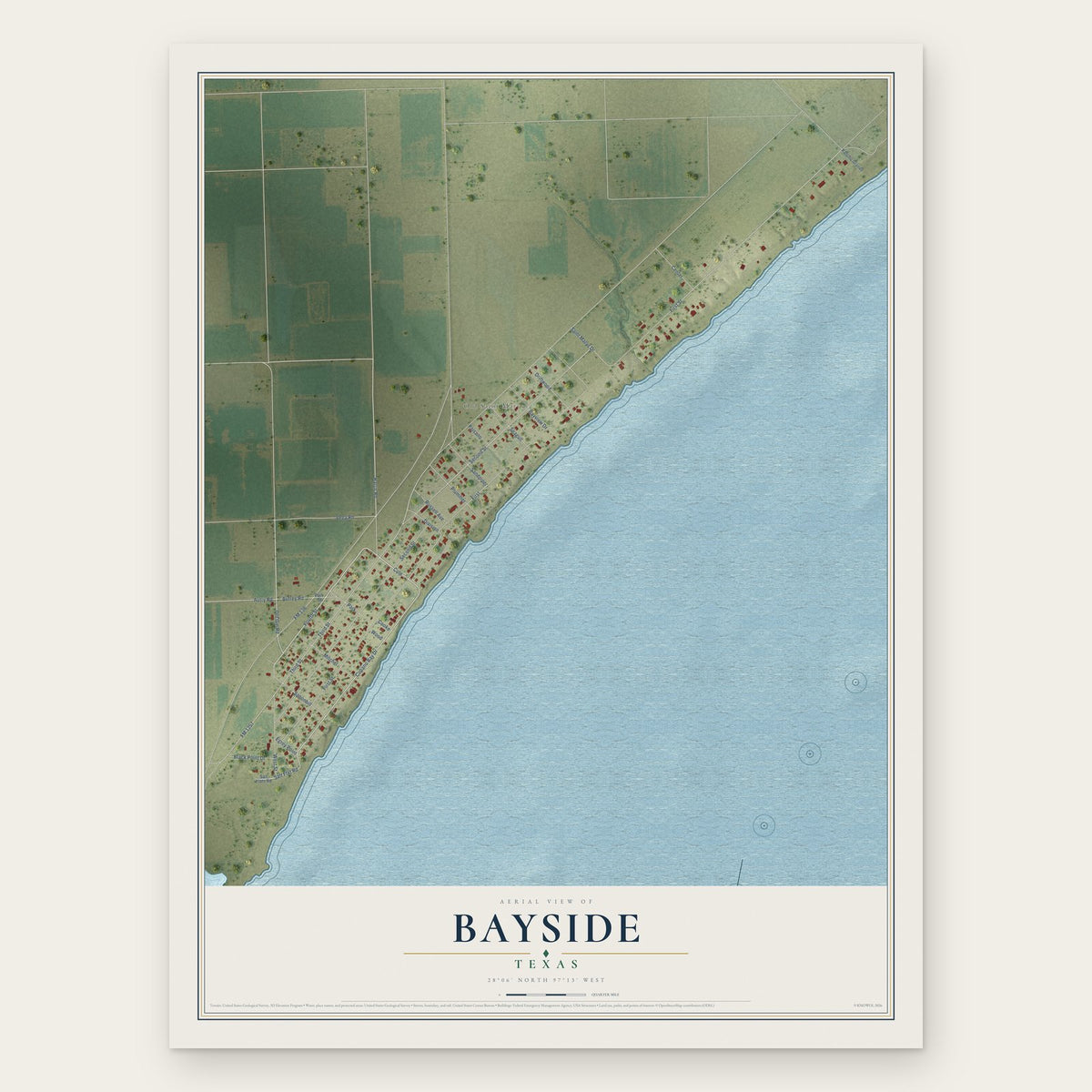 Bayside, Texas map print, the full design