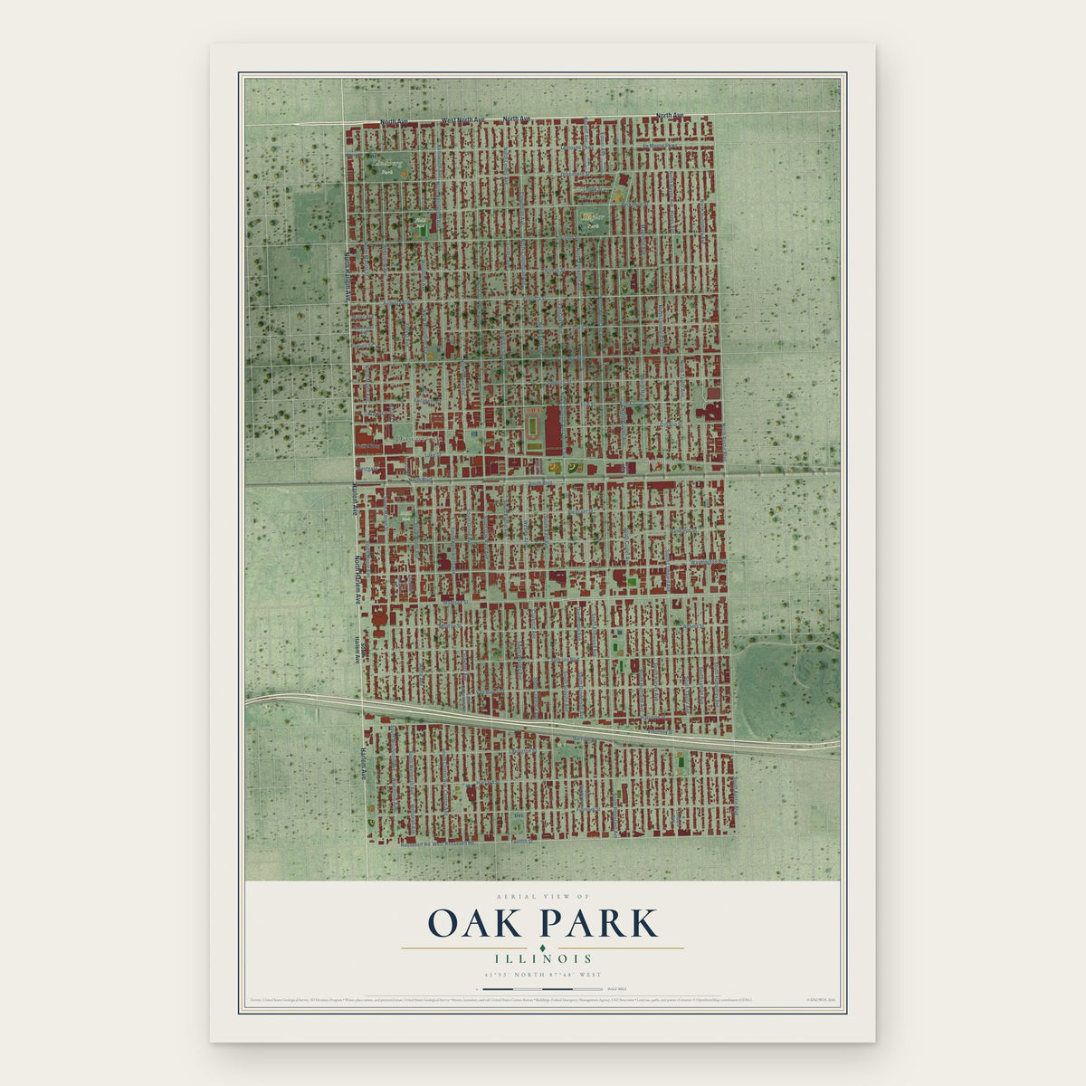 Oak Park, Illinois map print, the full design