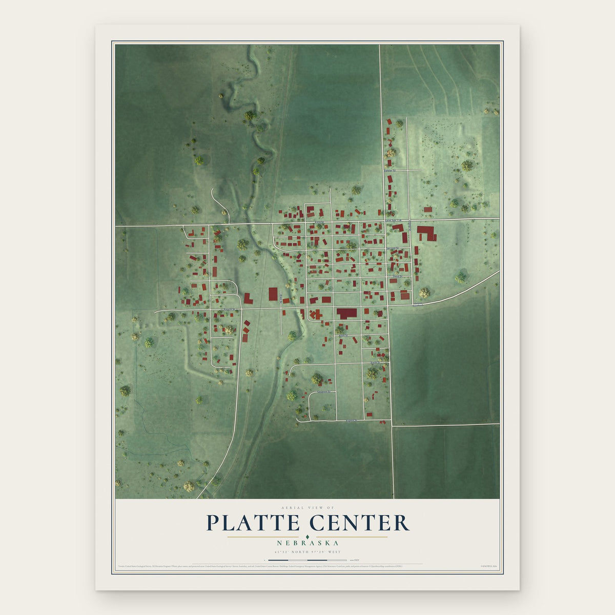 Platte Center, Nebraska map print, the full design