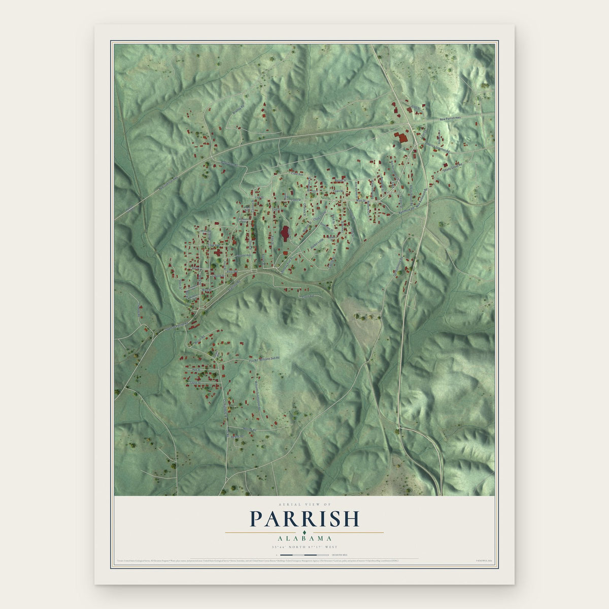 Parrish, Alabama map print, the full design