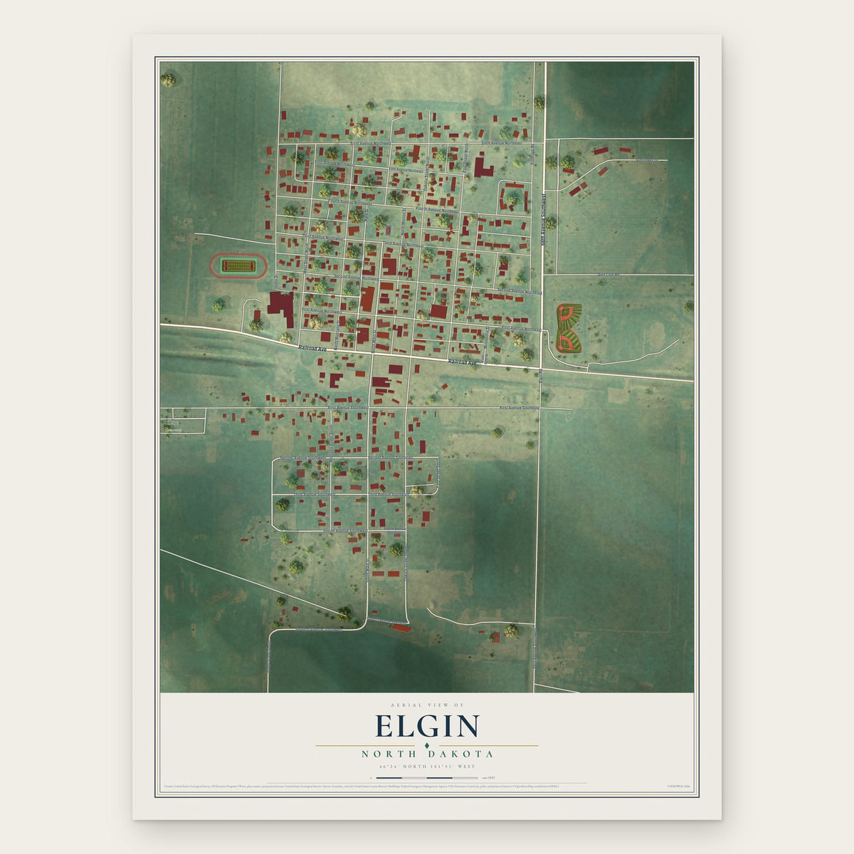 Elgin, North Dakota map print, the full design