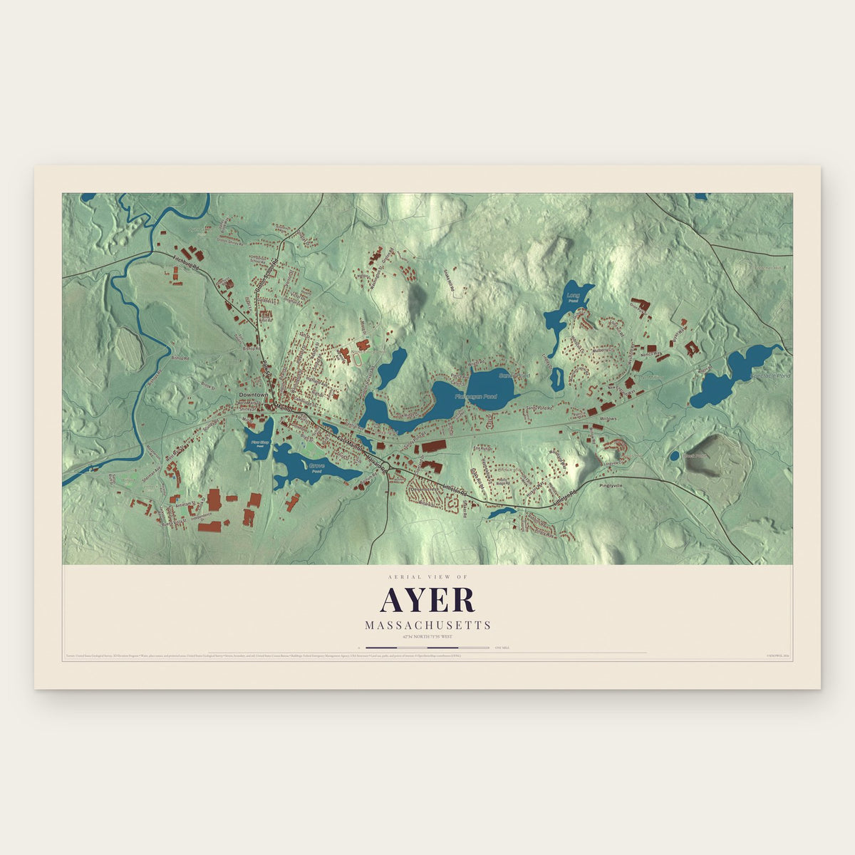 Ayer, Massachusetts map print, the full design