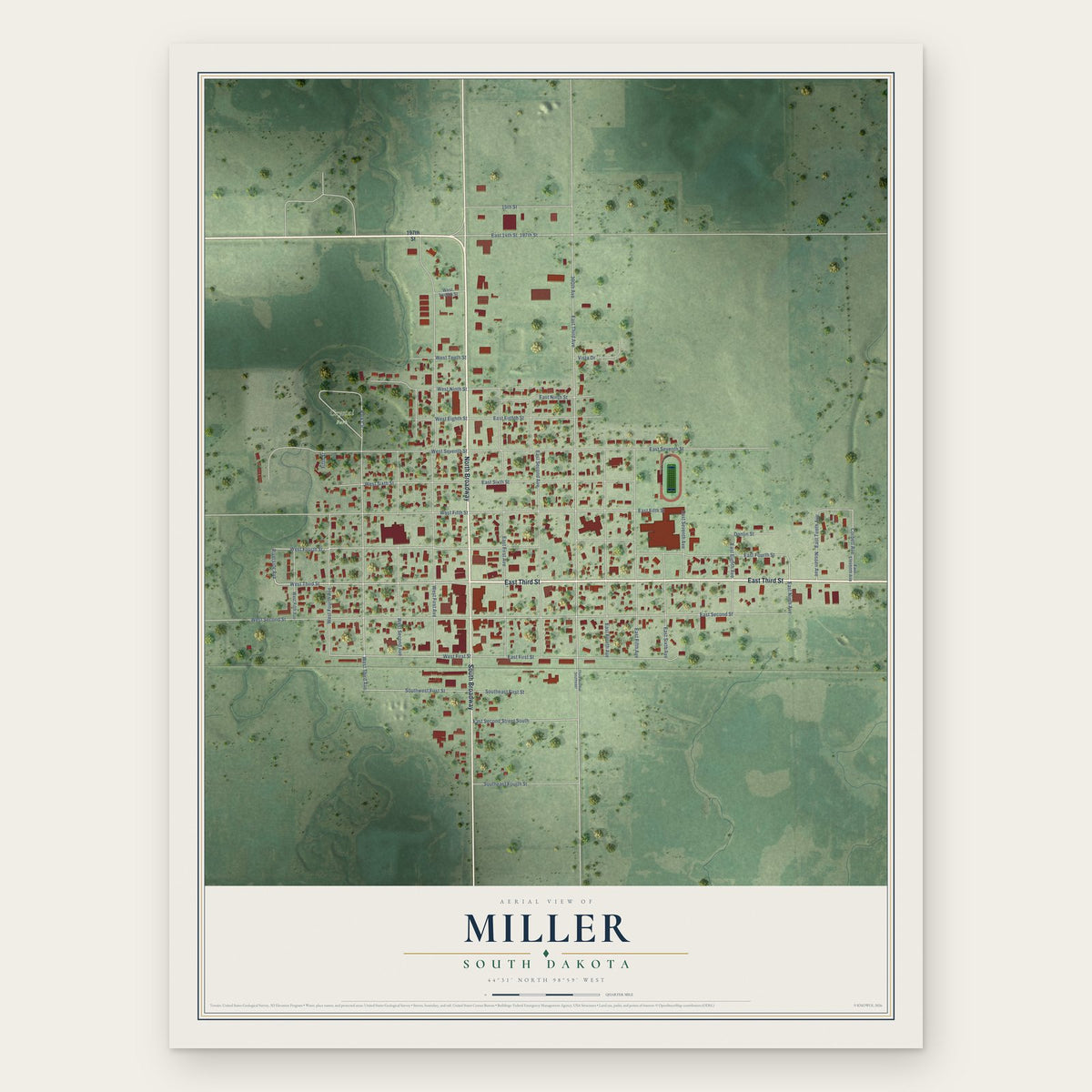 Miller, South Dakota map print, the full design