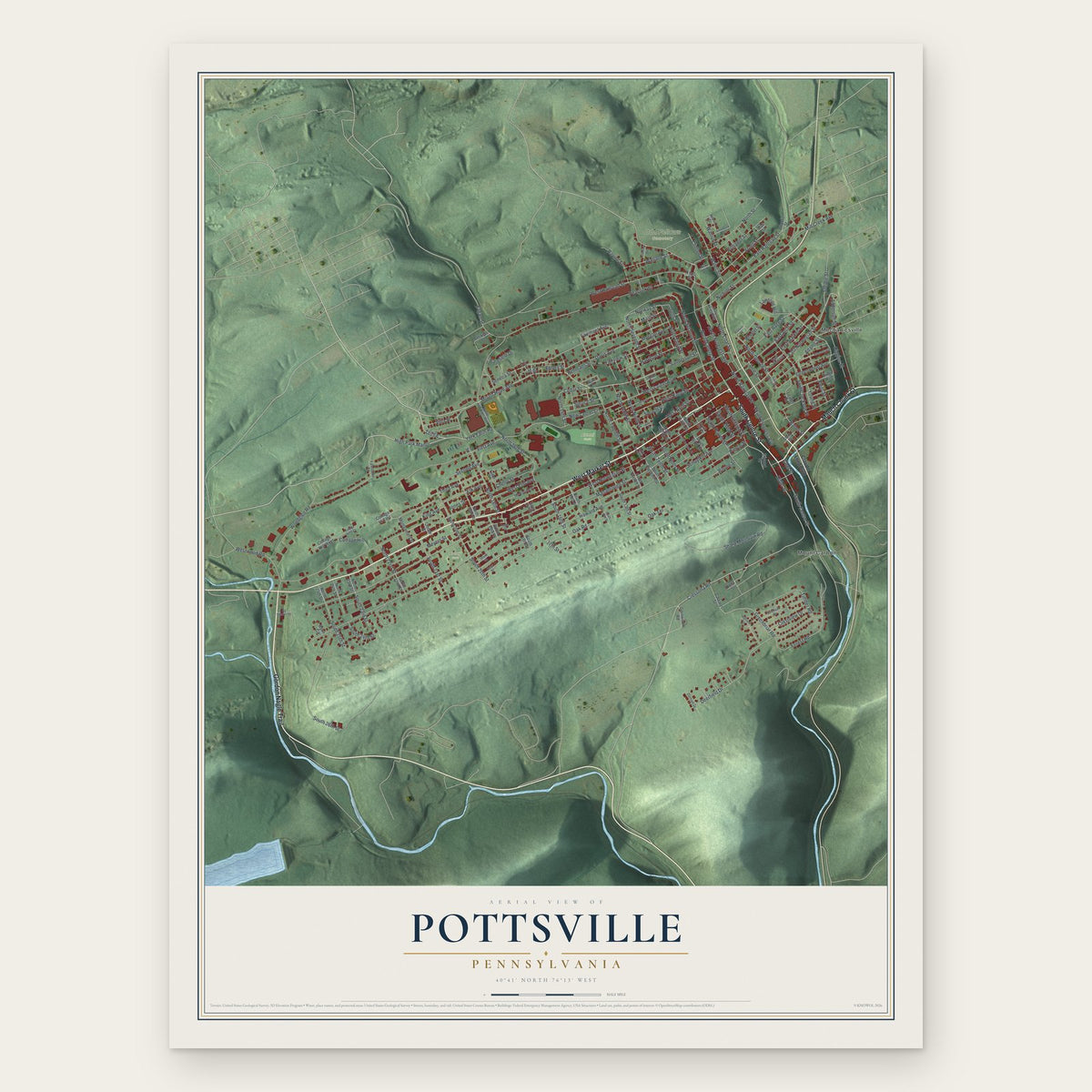 Pottsville, Pennsylvania map print, the full design