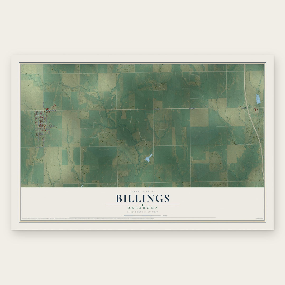 Billings, Oklahoma map print, the full design