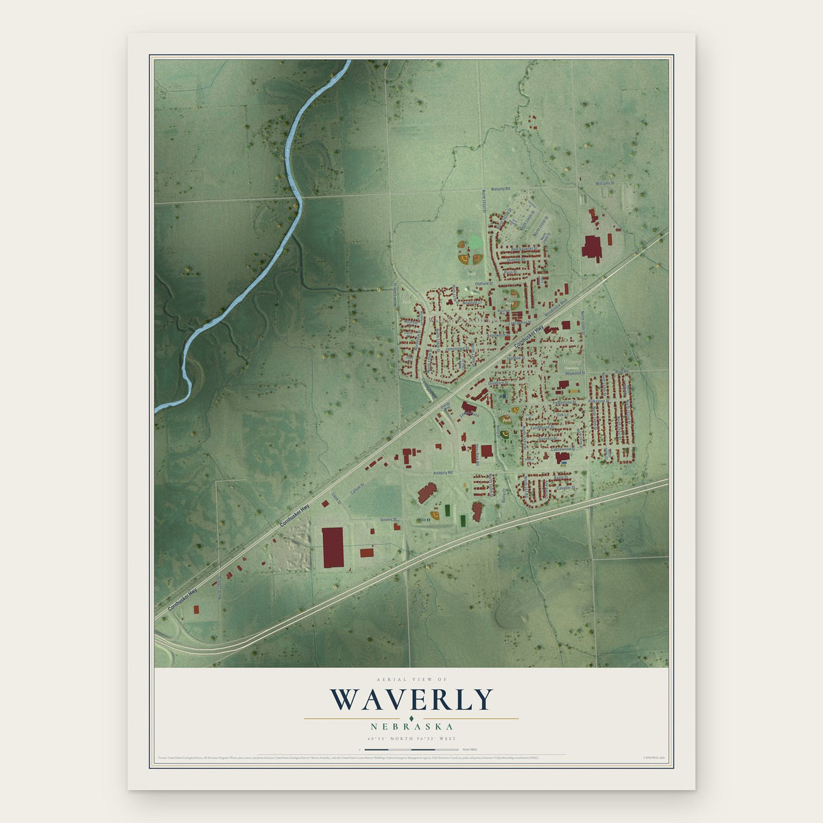 Waverly, Nebraska map print, the full design
