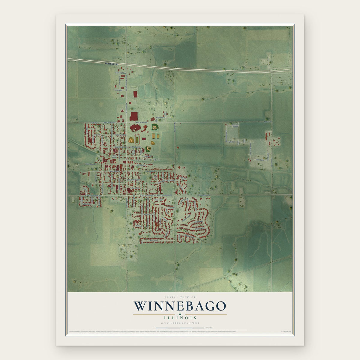 Winnebago, Illinois map print, the full design