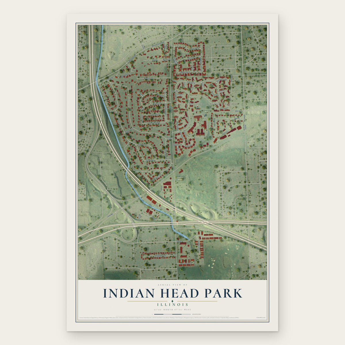 Indian Head Park, Illinois map print, the full design