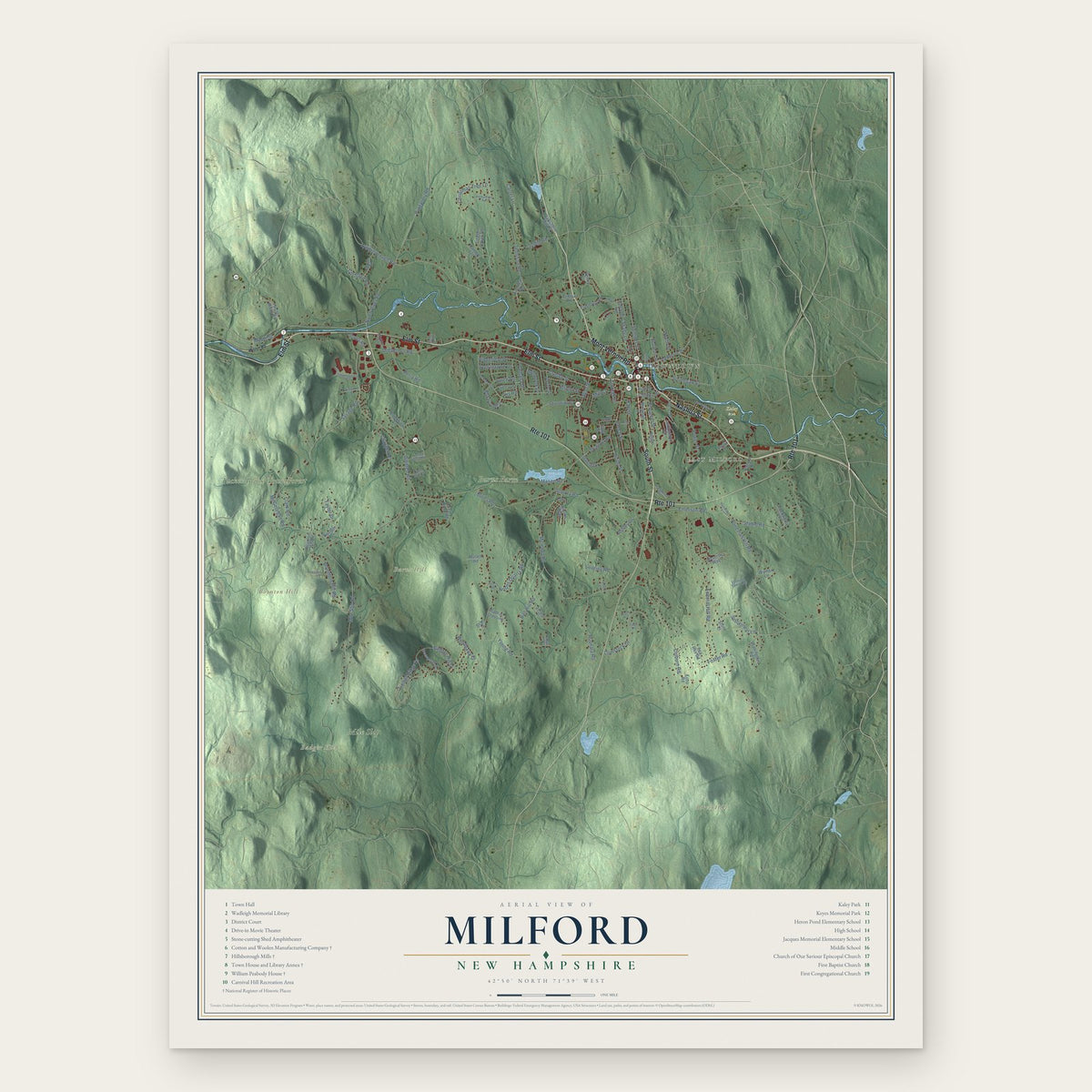 Milford, New Hampshire map print, the full design