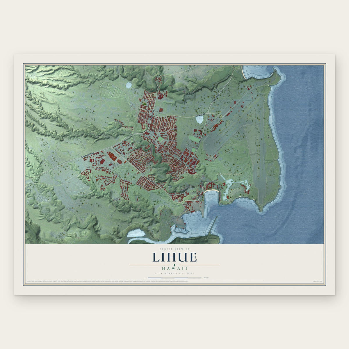 Lihue, Hawaii map print, the full design
