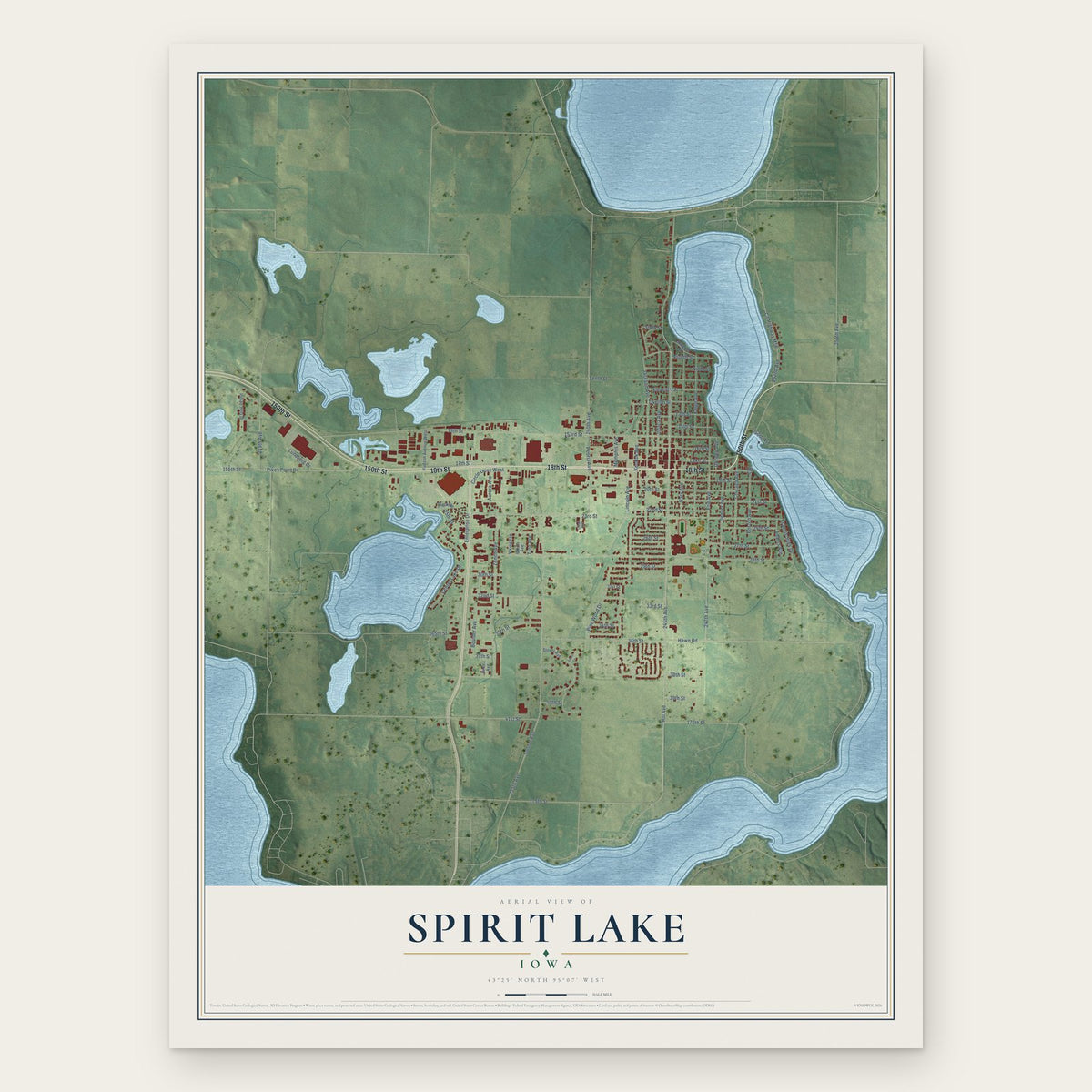 Spirit Lake, Iowa map print, the full design