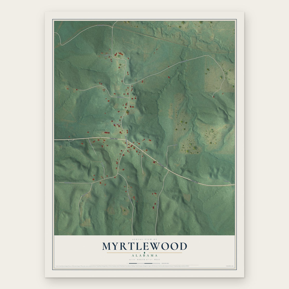 Myrtlewood, Alabama map print, the full design