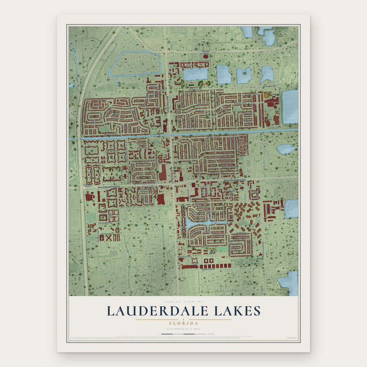 Lauderdale Lakes, Florida map print, the full design