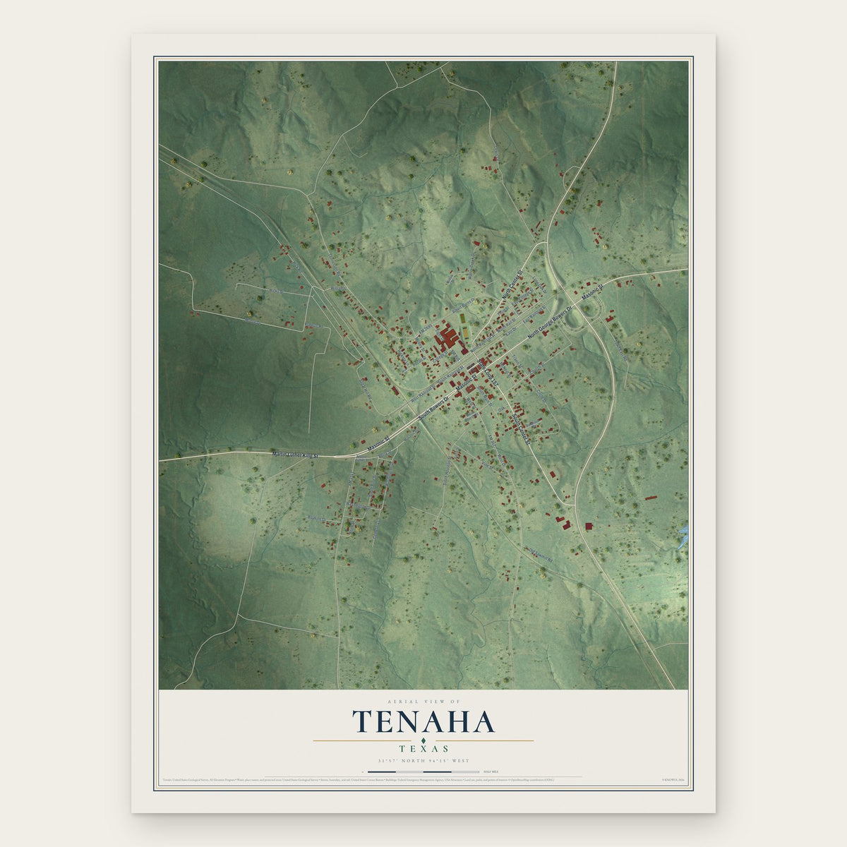Tenaha, Texas map print, the full design
