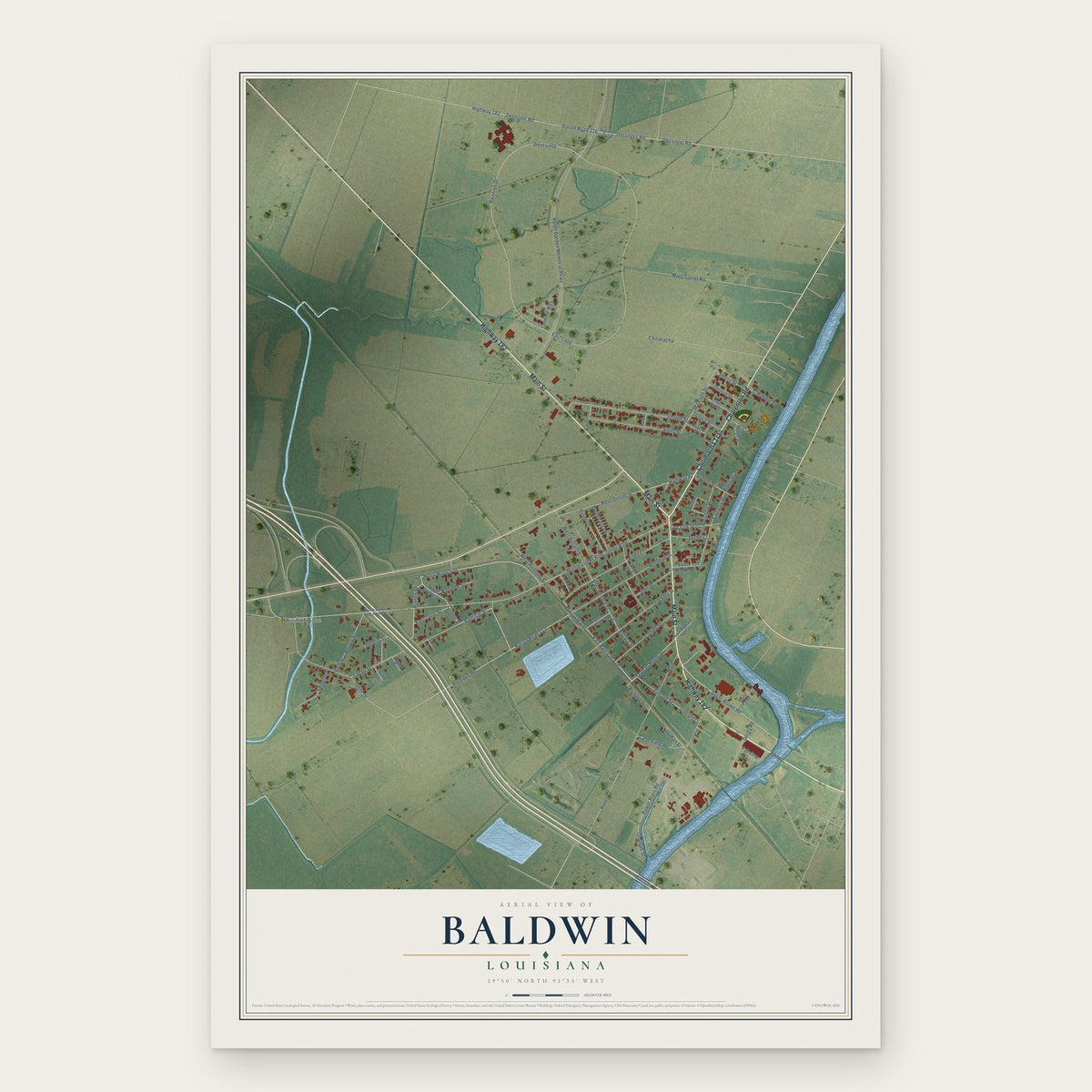 Baldwin, Louisiana map print, the full design