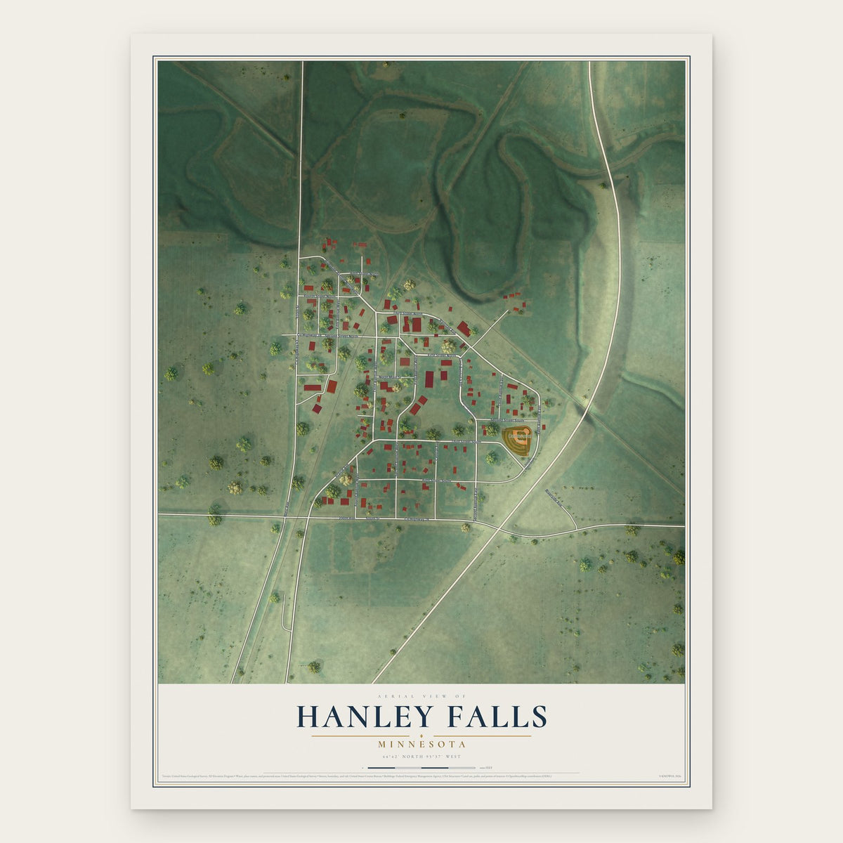 Hanley Falls, Minnesota map print, the full design