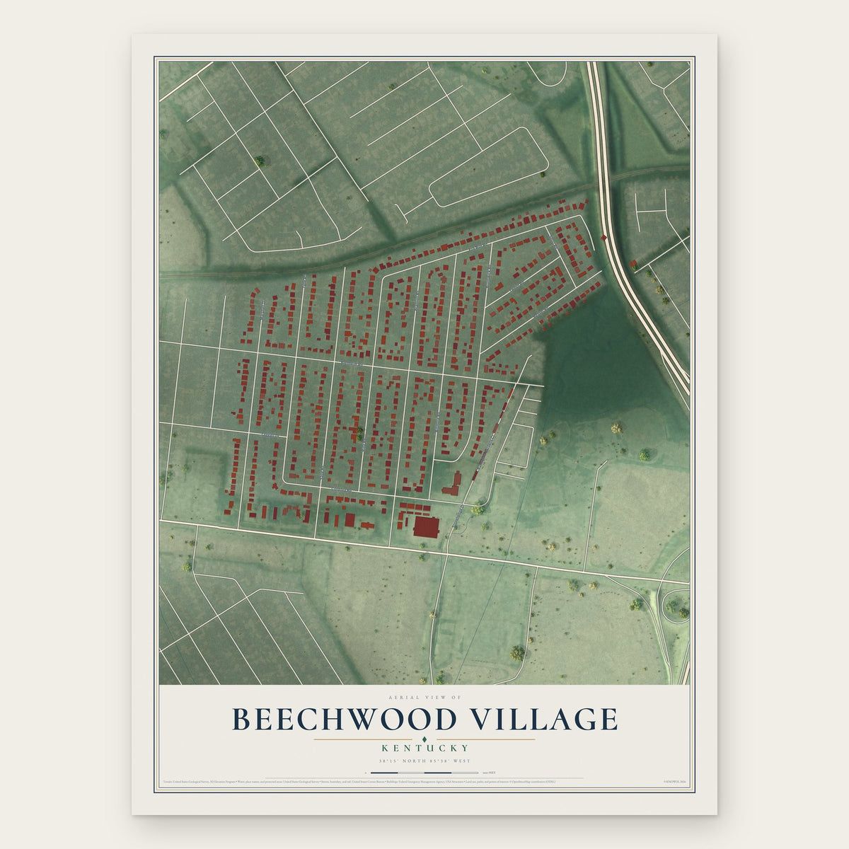 Beechwood Village, Kentucky map print, the full design