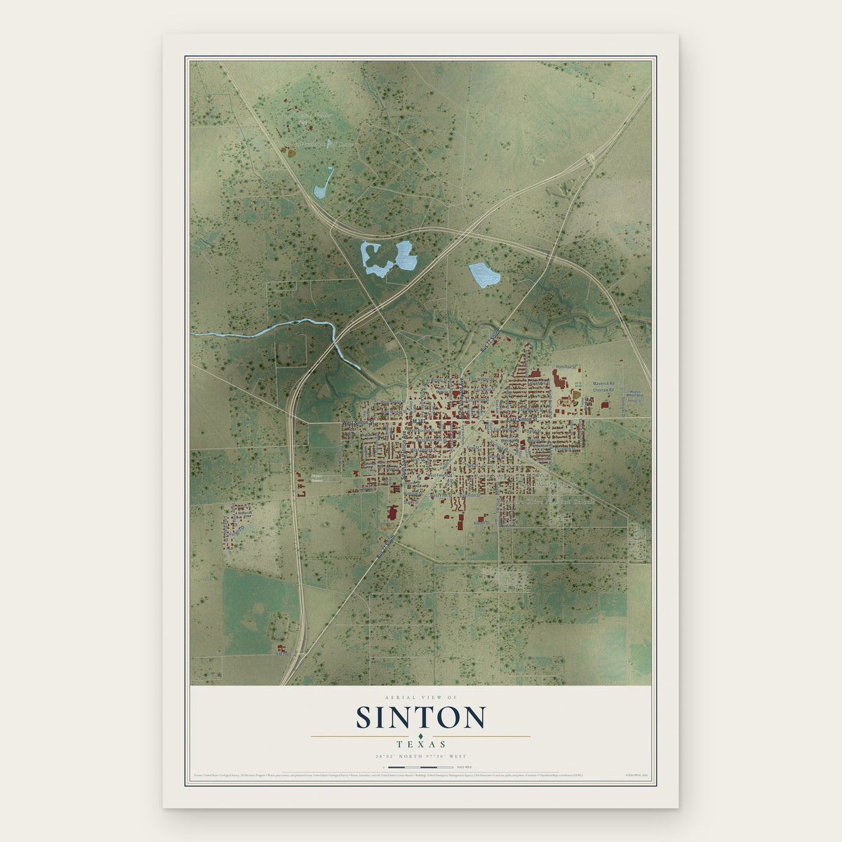 Sinton, Texas map print, the full design