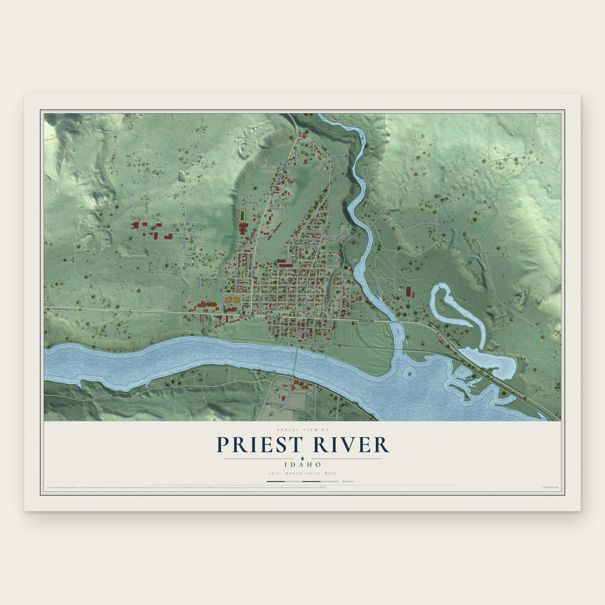 Priest River, Idaho map print, the full design