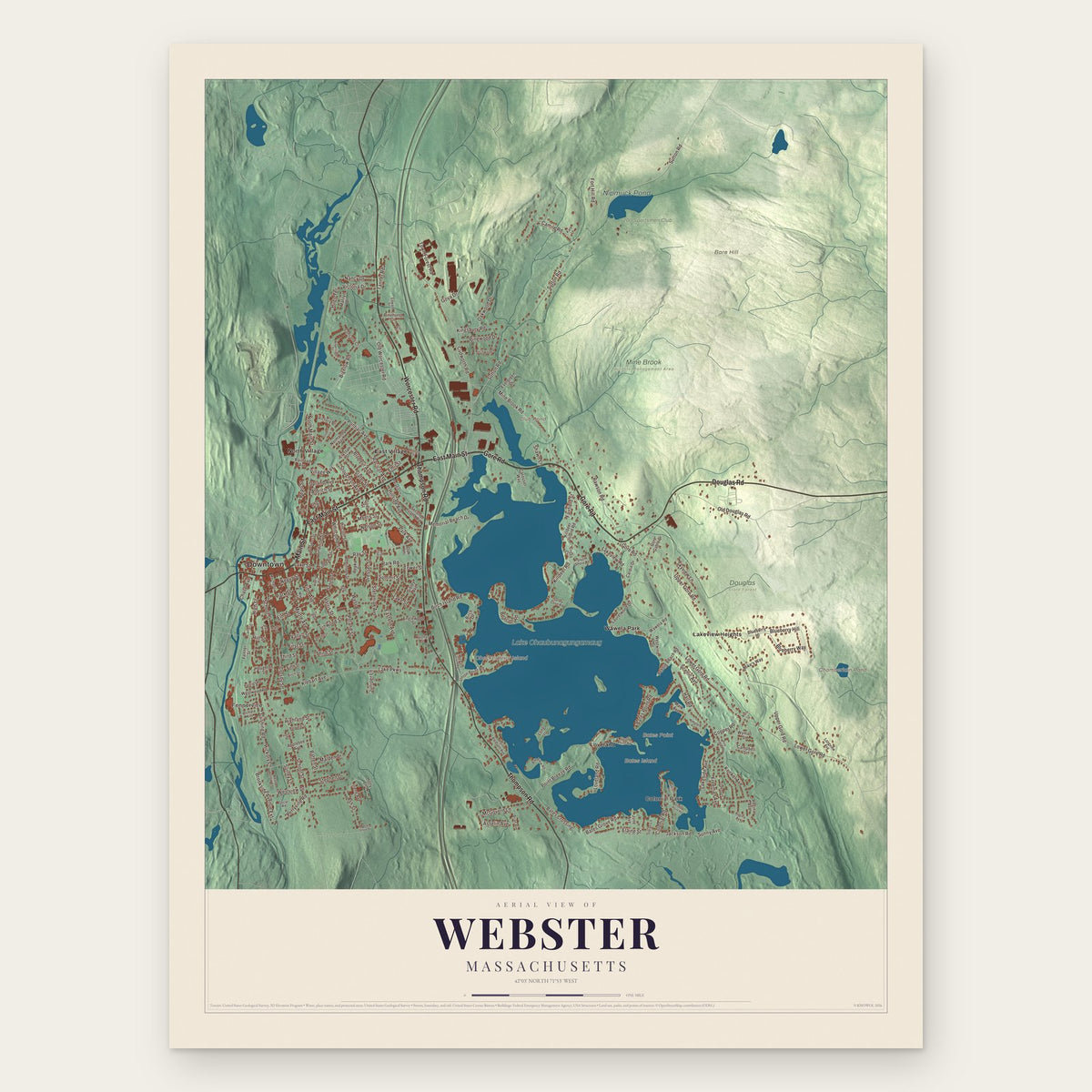 Webster, Massachusetts map print, the full design