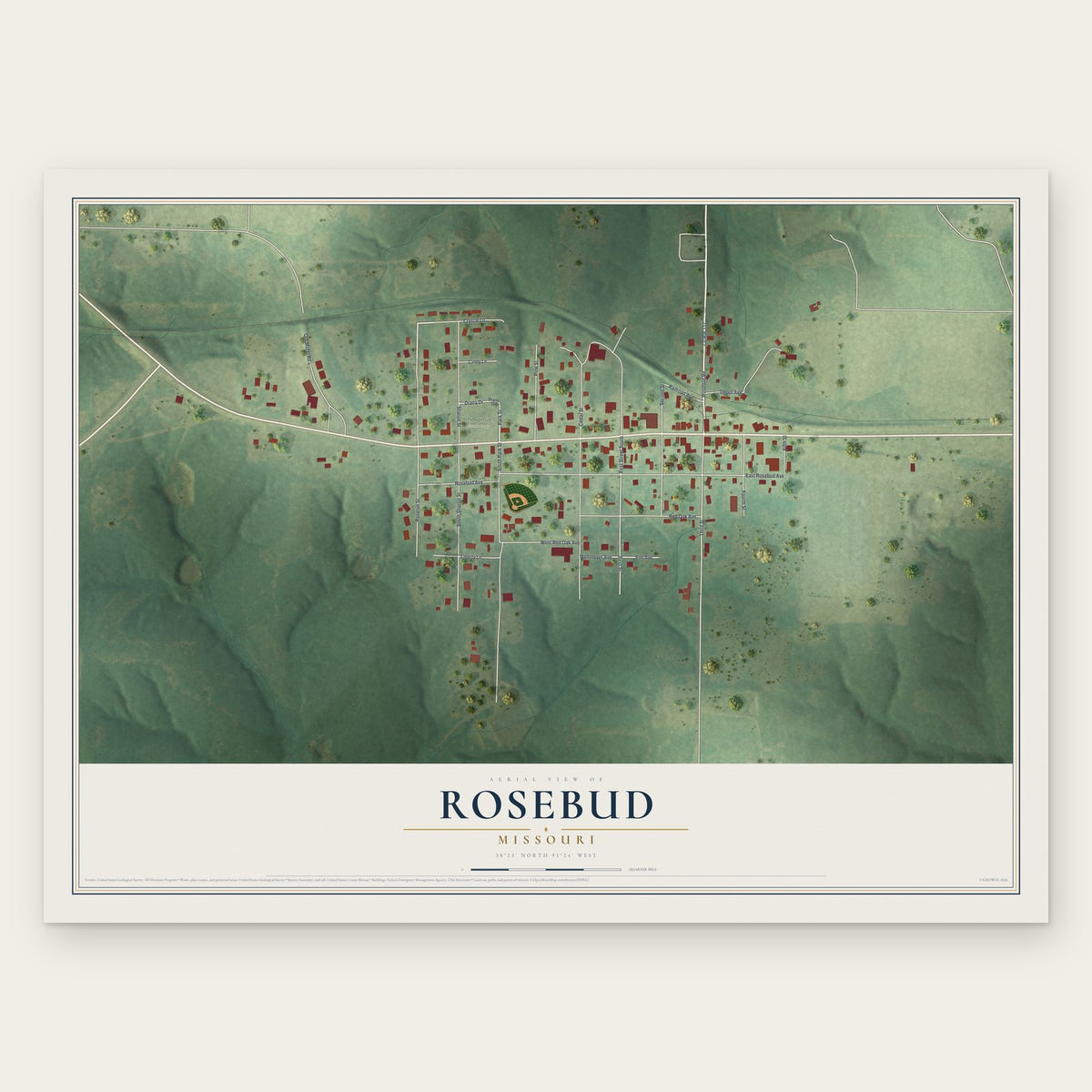 Rosebud, Missouri map print, the full design