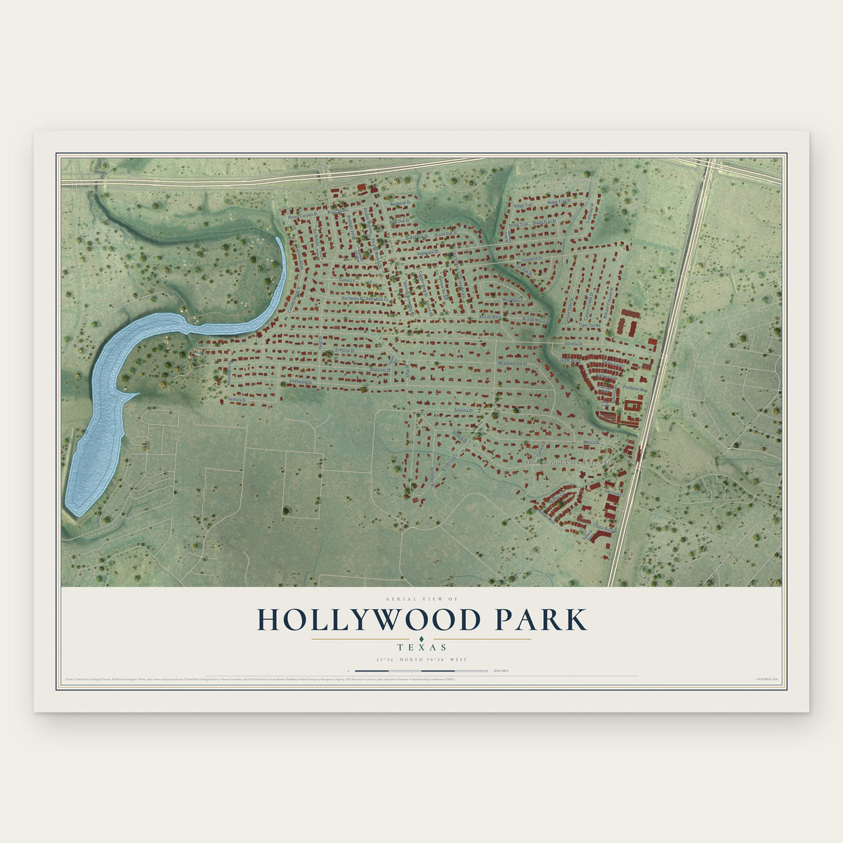 Hollywood Park, Texas map print, the full design